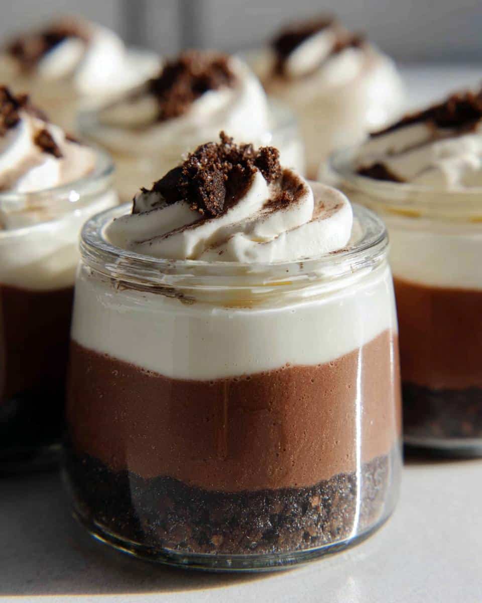 Close-up of a No-Bake Chocolate Cheesecake Jar with three distinct layers and whipped topping.