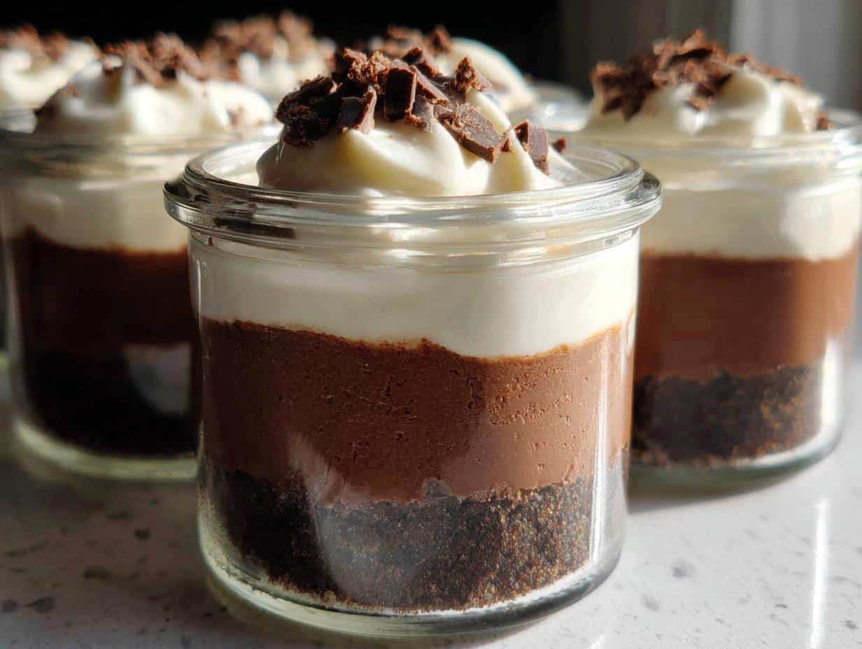 Close-up of a layered No-Bake Chocolate Cheesecake Jars featuring a dark crust, rich chocolate filling, and whipped cream topping.