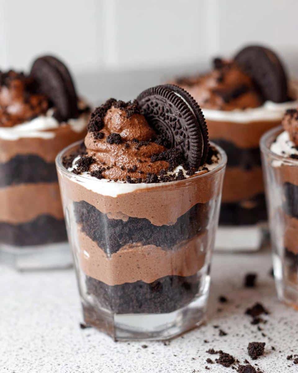 Close-up of a layered No-Bake Oreo Dessert Cup featuring chocolate mousse, crushed cookies, and a whole Oreo on top.