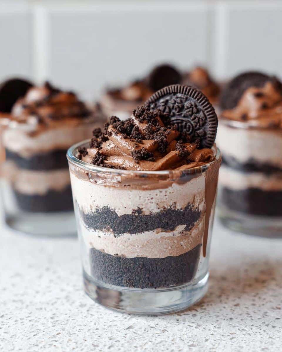 A close-up of one of the No-Bake Oreo Dessert Cups showing layers of crushed cookies and chocolate mousse, topped with whipped cream.