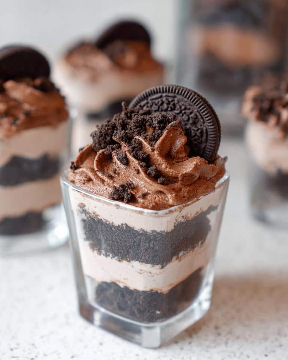 A single serving of No-Bake Oreo Dessert Cups layered with chocolate mousse and crushed Oreos, topped with a whole cookie.