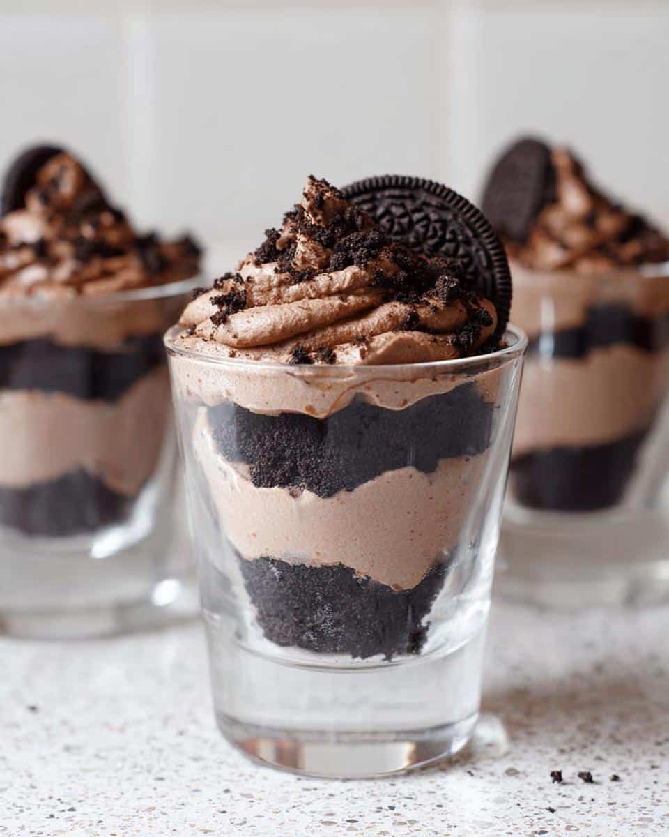 A close-up of a layered No-Bake Oreo Dessert Cup featuring chocolate mousse and crushed cookies.
