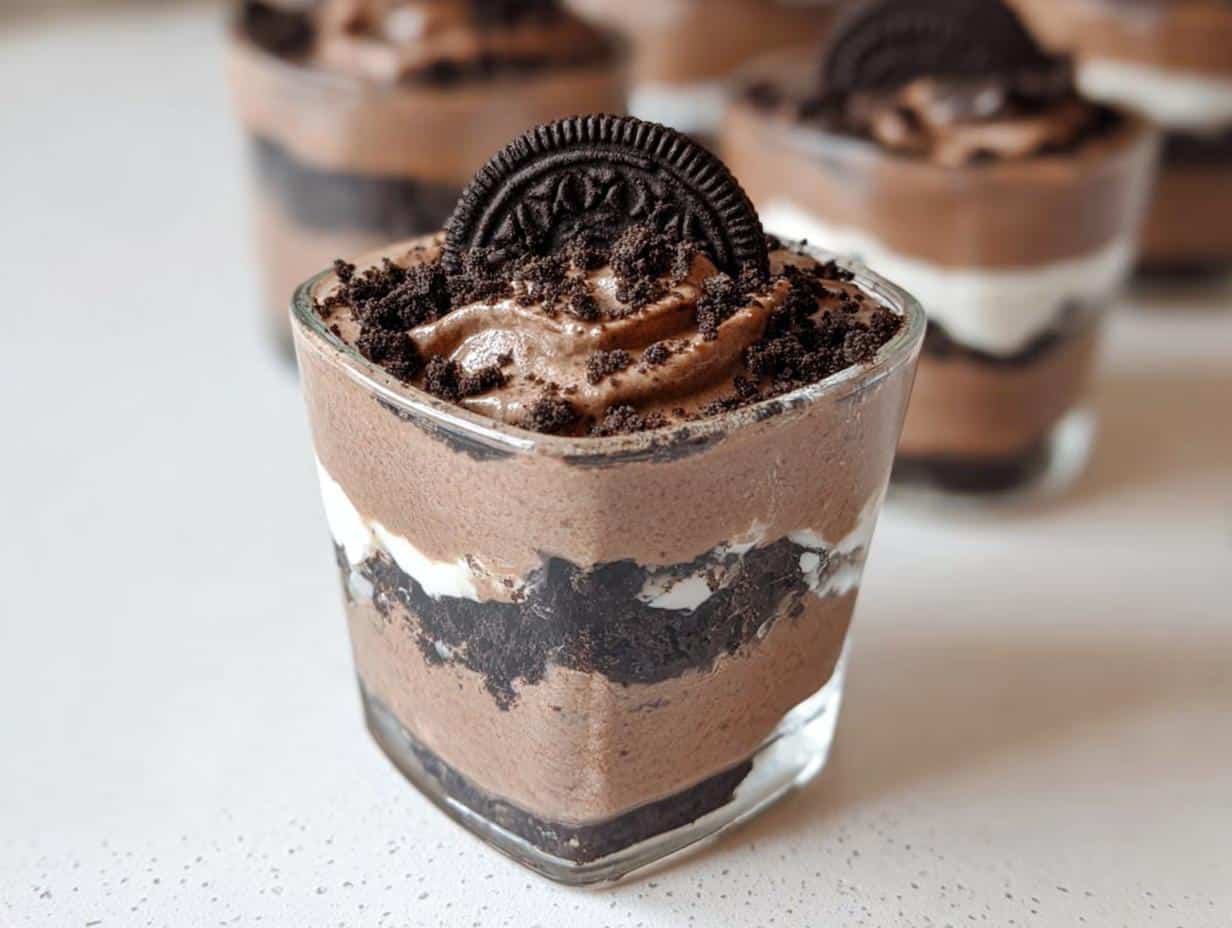 A close-up of one of the No-Bake Oreo Dessert Cups showing layers of chocolate mousse, cream, and crushed Oreos.