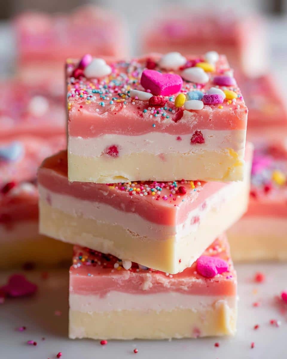 Three stacked squares of layered No-Bake Valentine Fudge topped with colorful sprinkles and heart candies.