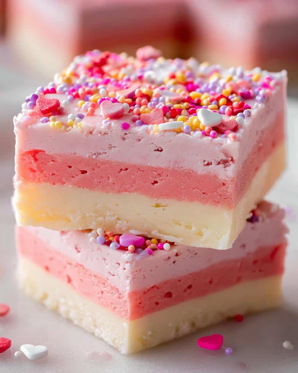 Two stacked squares of layered No-Bake Valentine Fudge topped with colorful heart sprinkles.