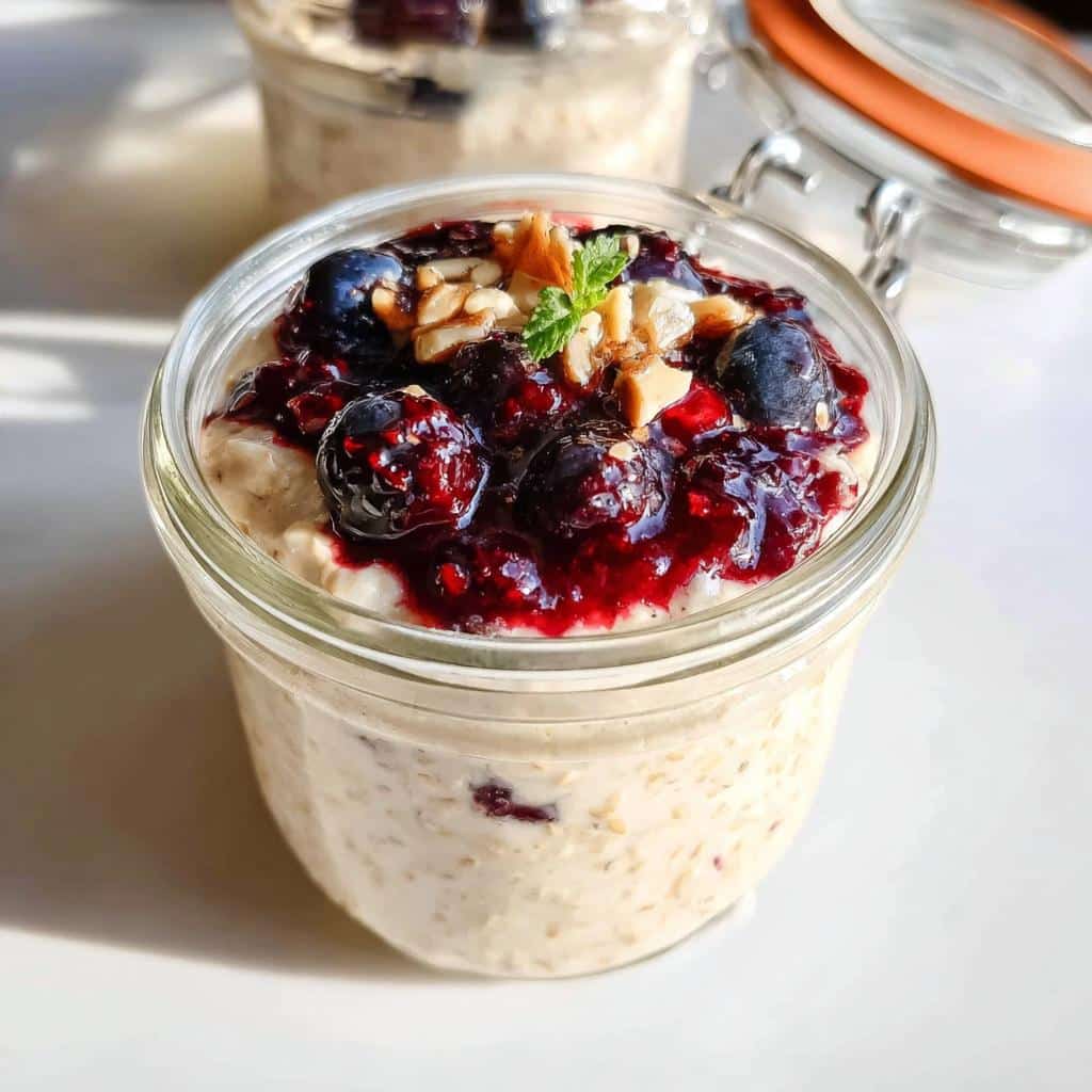 Close-up of Oat Milk Overnight Oats in a glass jar, topped with berry compote, chopped nuts, and mint.