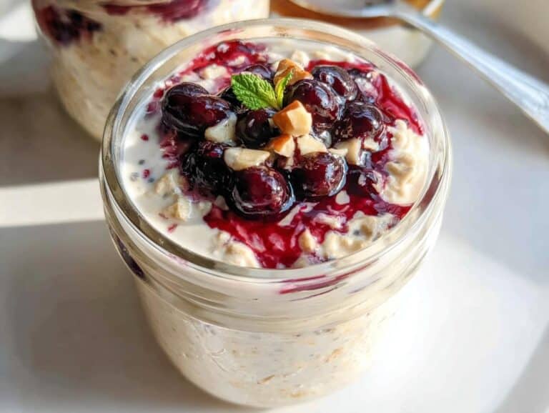 Close-up of Oat Milk Overnight Oats in a jar, topped with blueberry compote, nuts, and mint.