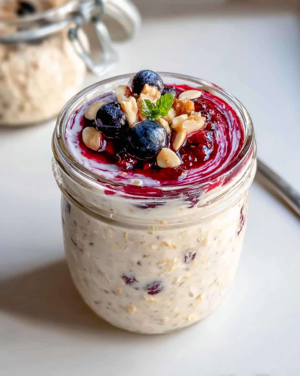 Close-up of Oat Milk Overnight Oats in a jar, topped with blueberries, nuts, and berry compote.
