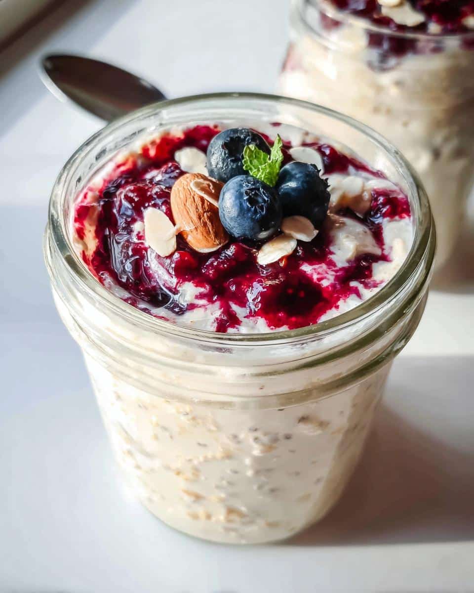 Close-up of delicious Oat Milk Overnight Oats topped with blueberry compote, fresh blueberries, almonds, and mint.