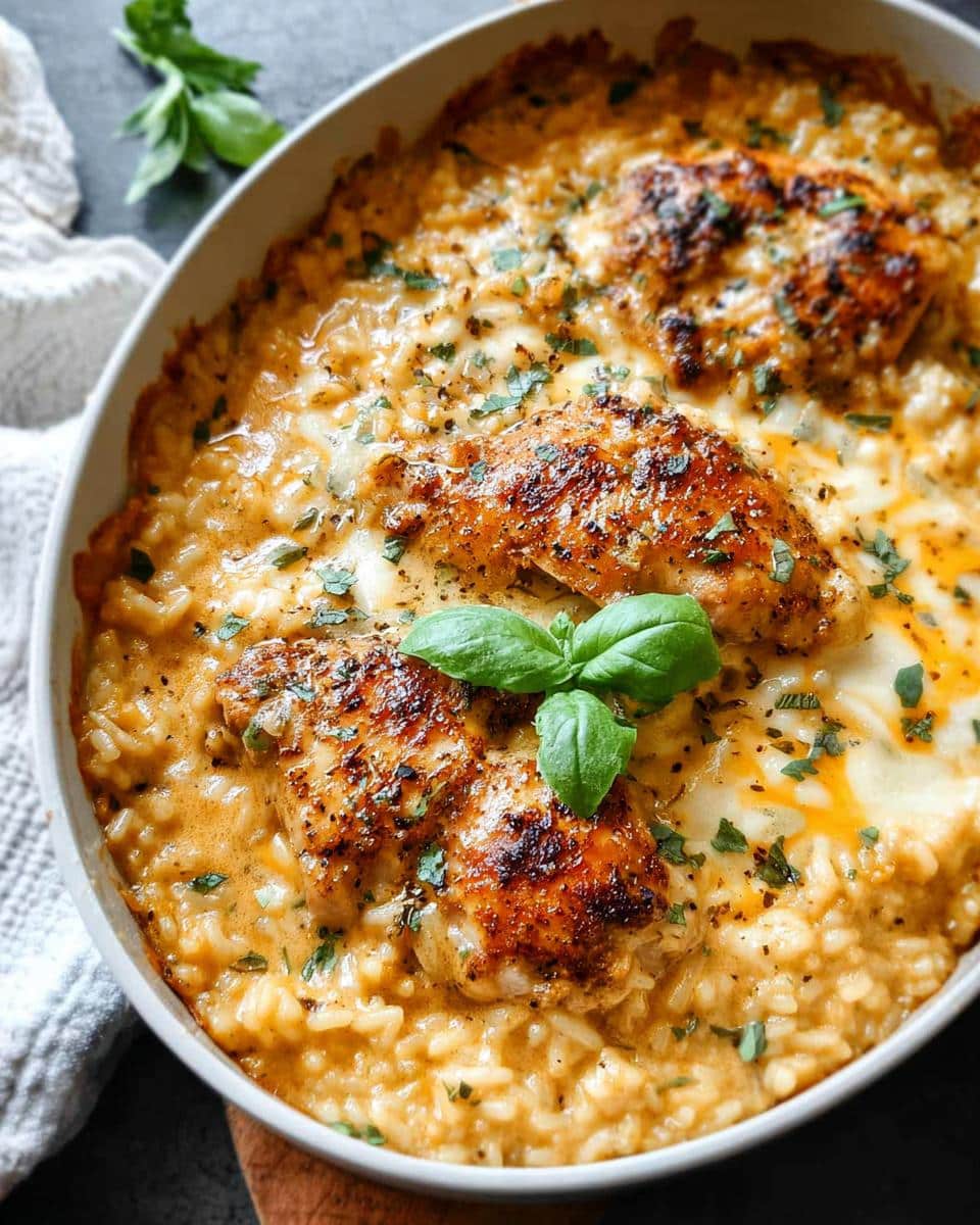 Close-up of baked One-Pan Cheesy Chicken & Rice topped with melted cheese and fresh basil.