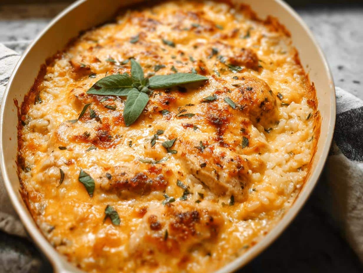 Close-up of a bubbling, baked One-Pan Cheesy Chicken & Rice topped with melted cheese and fresh sage.