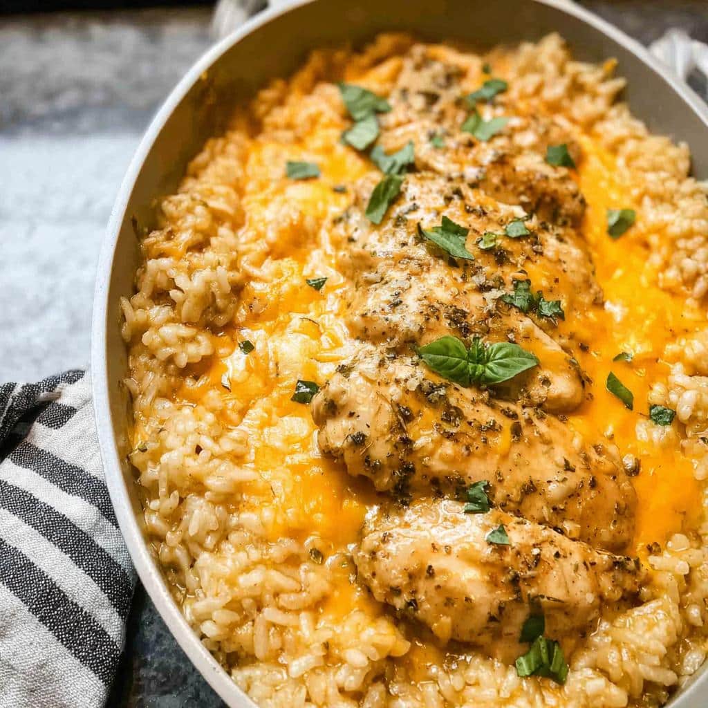 A close-up overhead view of creamy, cheesy One-Pan Cheesy Chicken & Rice topped with fresh basil.