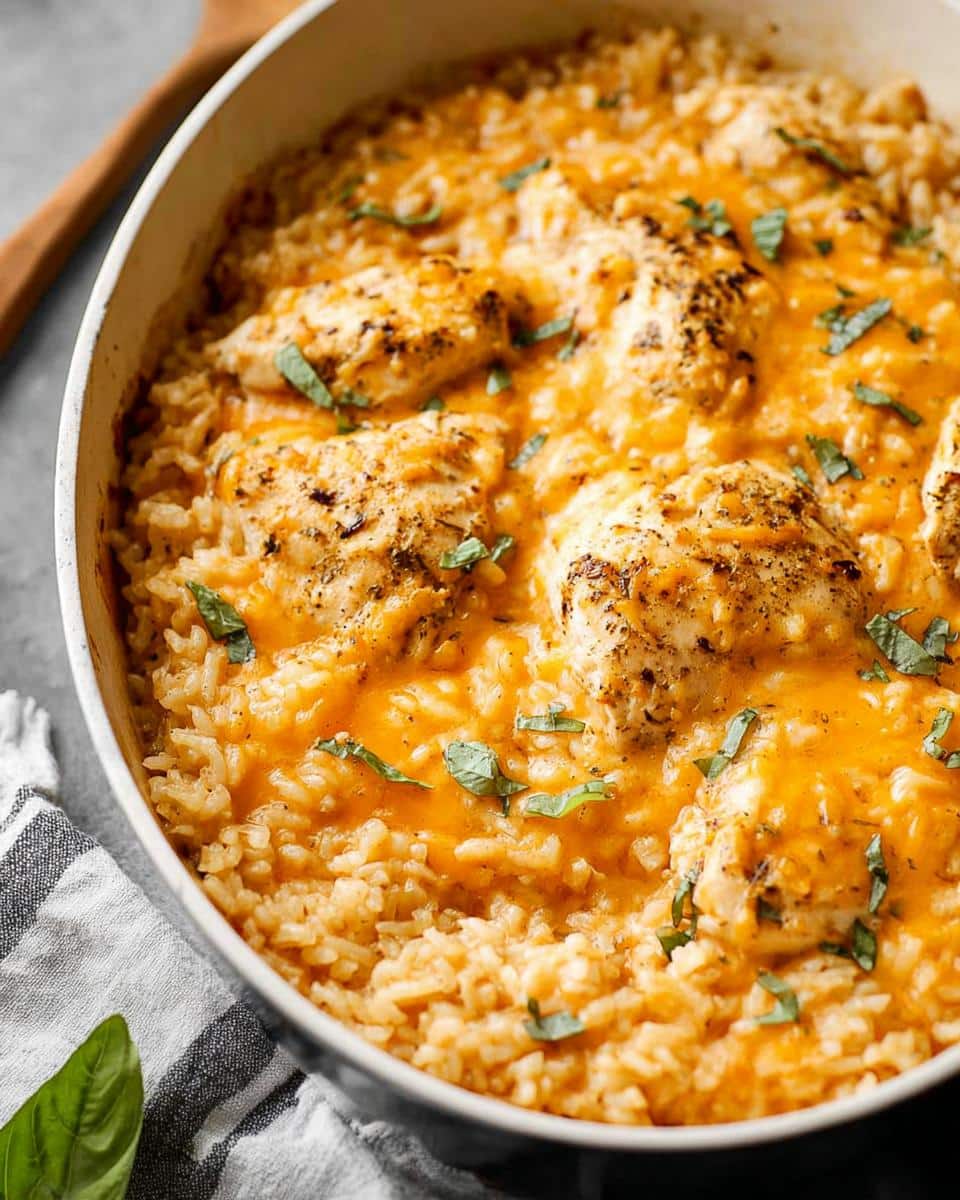 A close-up view of One-Pan Cheesy Chicken & Rice baked in a skillet, topped with melted orange cheese and fresh basil.