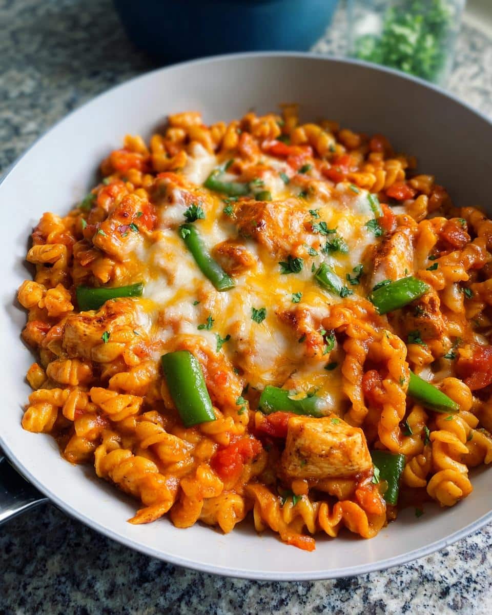 Close-up of a bowl of One Pan Chicken Pasta topped with melted cheese, chicken chunks, and green beans.