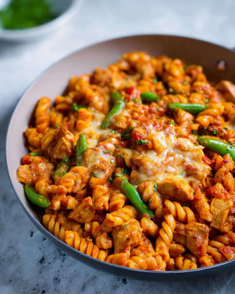Close-up of cheesy One Pan Chicken Pasta with rotini, chicken chunks, and green beans in a skillet.