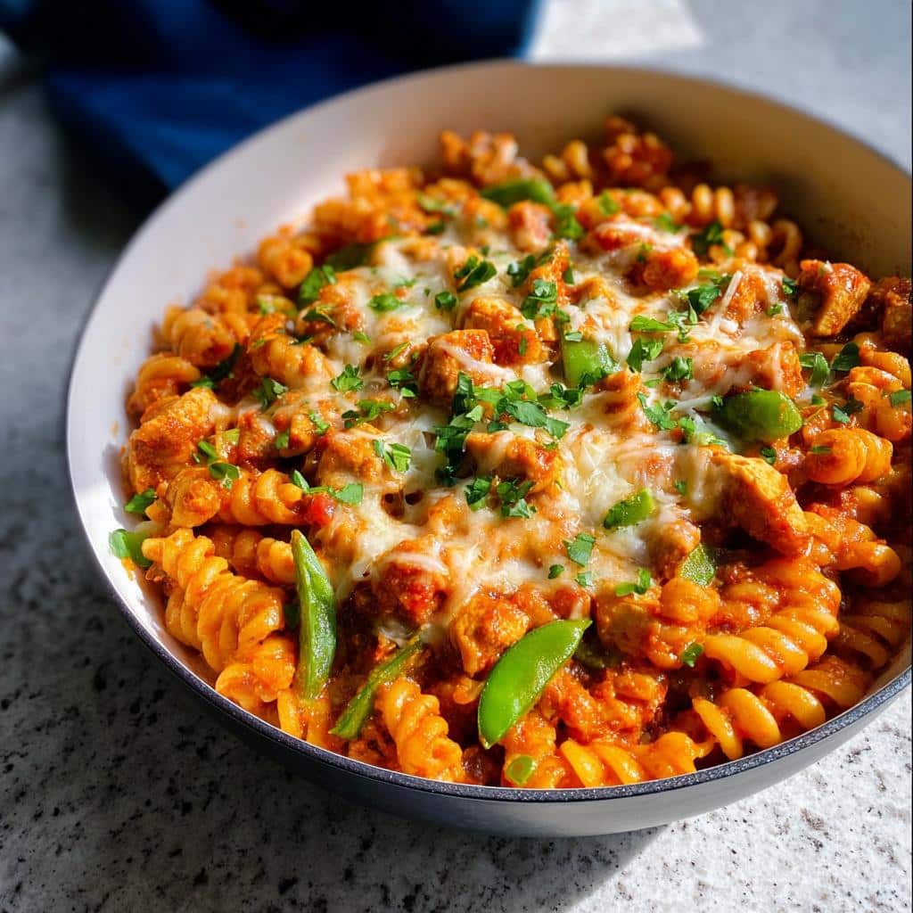 Close-up of cheesy One Pan Chicken Pasta with rotini, chicken pieces, and green vegetables in a dark skillet.