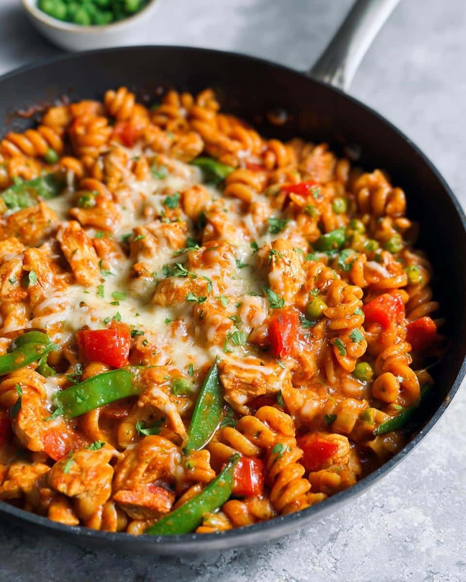 Close-up of One Pan Chicken Pasta with melted cheese, chicken pieces, rotini pasta, and green vegetables in a black skillet.