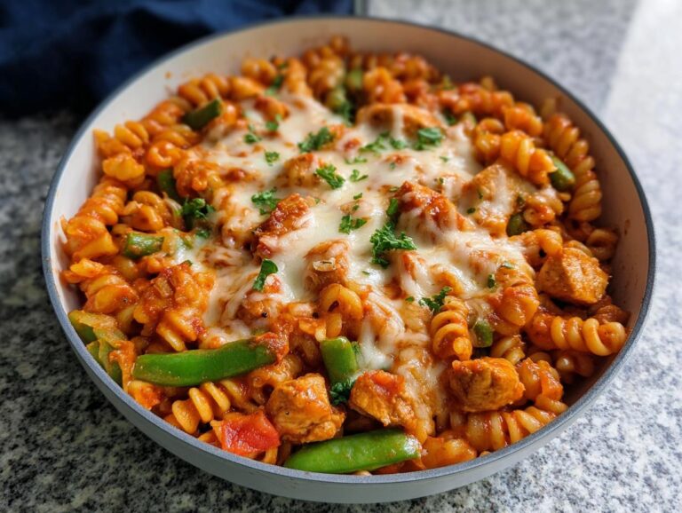 Close-up of cheesy One Pan Chicken Pasta with chicken chunks, rotini pasta, and green vegetables in a skillet.
