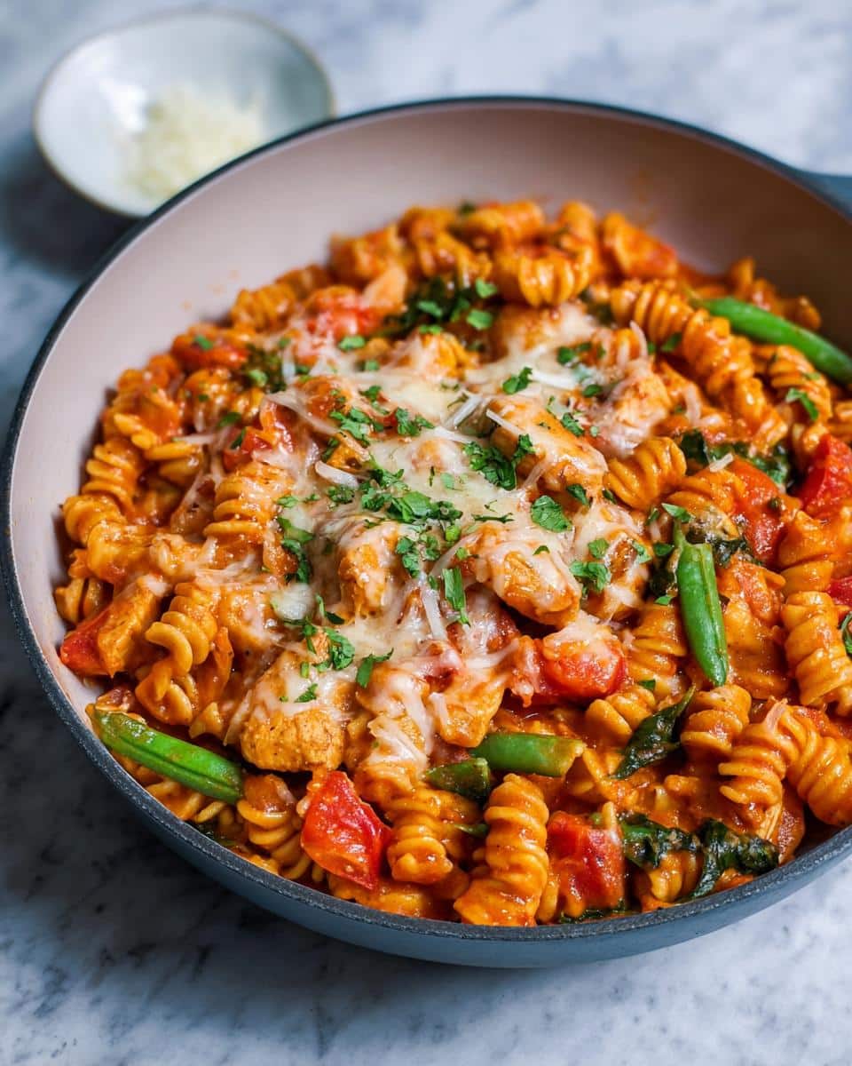 Close-up of cheesy One Pan Chicken Pasta with rotini, chicken pieces, tomatoes, and green beans in a skillet.