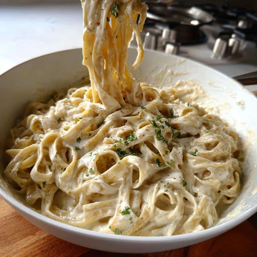 Close-up of creamy pasta being lifted from a white bowl, showcasing the rich sauce of the One-Pot Gluten-Free Creamy Pasta.