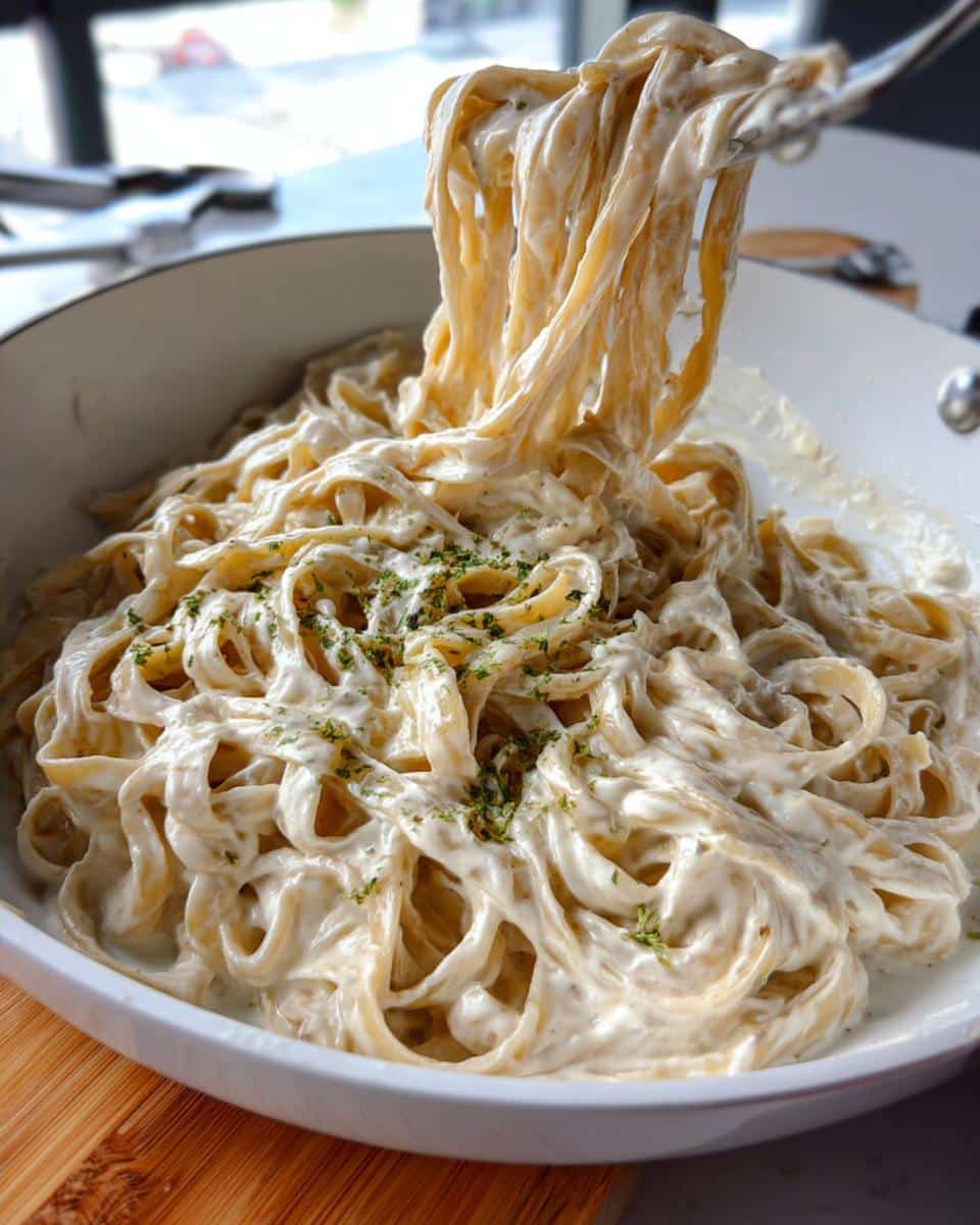 A fork lifts long strands of creamy fettuccine pasta from a white skillet, showcasing the rich sauce of the One-Pot Gluten-Free Creamy Pasta.