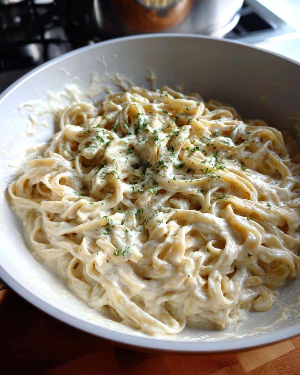 Close-up of creamy fettuccine-style pasta coated in a rich white sauce, garnished with parsley, ready to serve from a one-pot skillet.