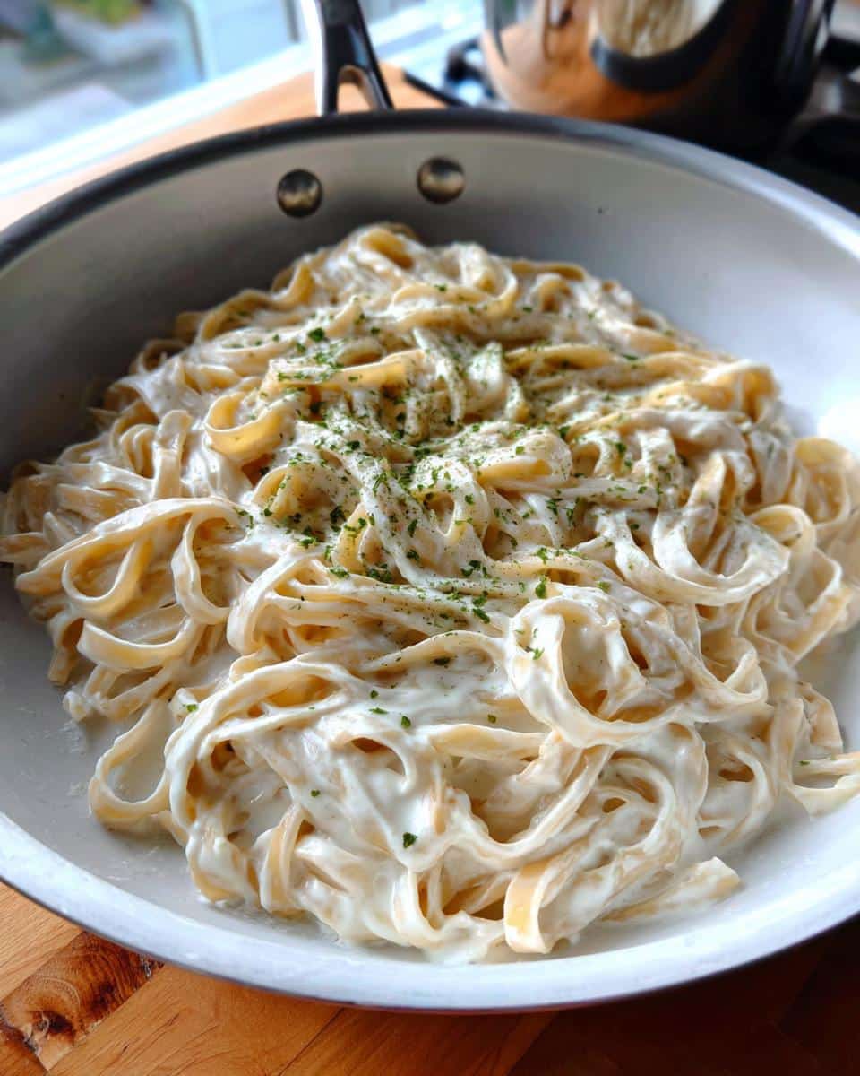 Close-up of rich One-Pot Gluten-Free Creamy Pasta coated in white sauce and sprinkled with parsley in a skillet.