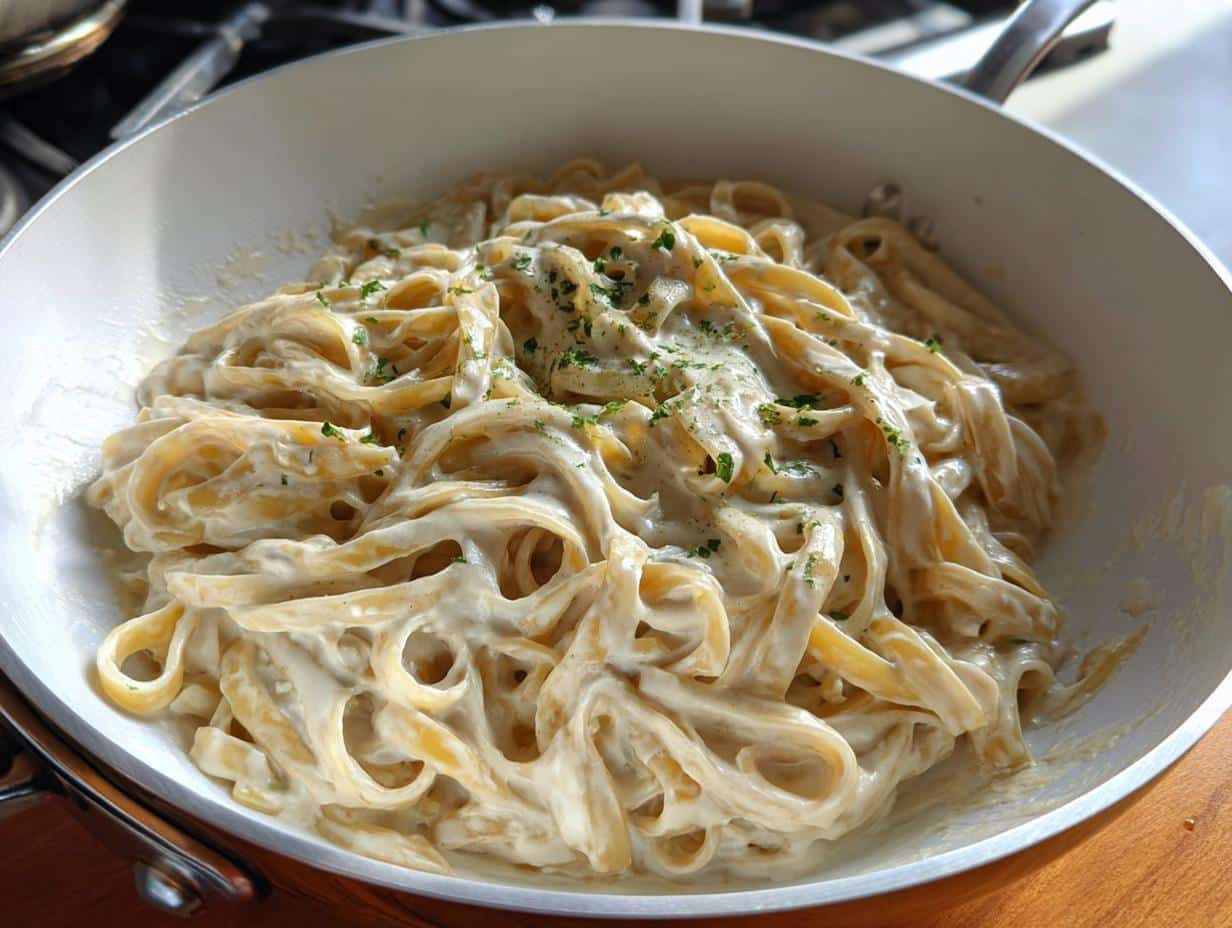 Close-up of One-Pot Gluten-Free Creamy Pasta coated in a rich white sauce, garnished with parsley in a white skillet.