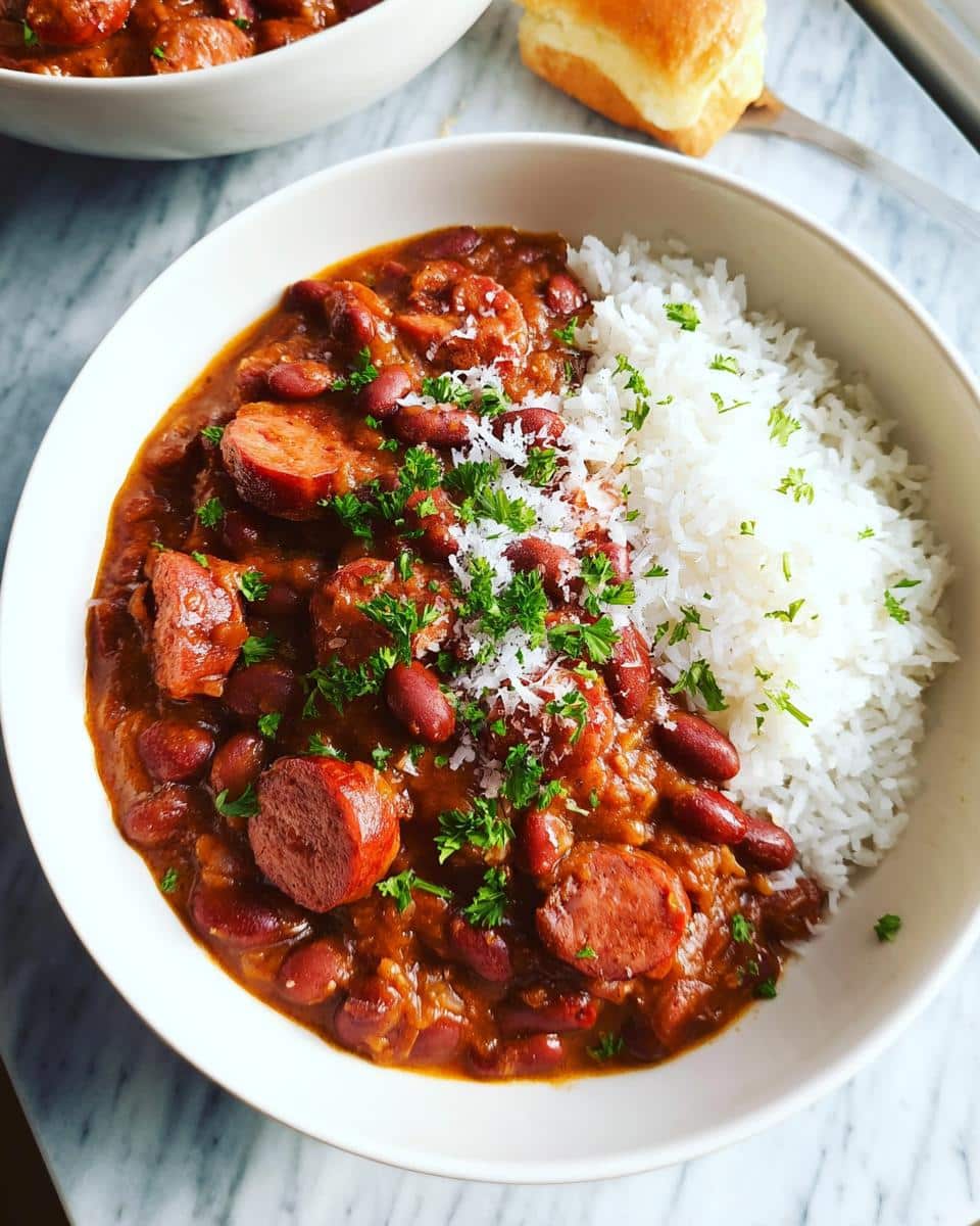 Close-up of a bowl of rich Red Beans and Rice topped with sliced sausage, parsley, and grated cheese.