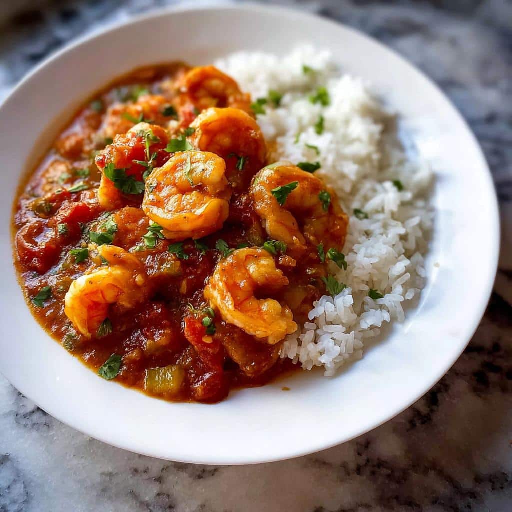 Close-up of a white bowl filled with rich, red Shrimp Creole sauce, plump shrimp, and a side of fluffy white rice.