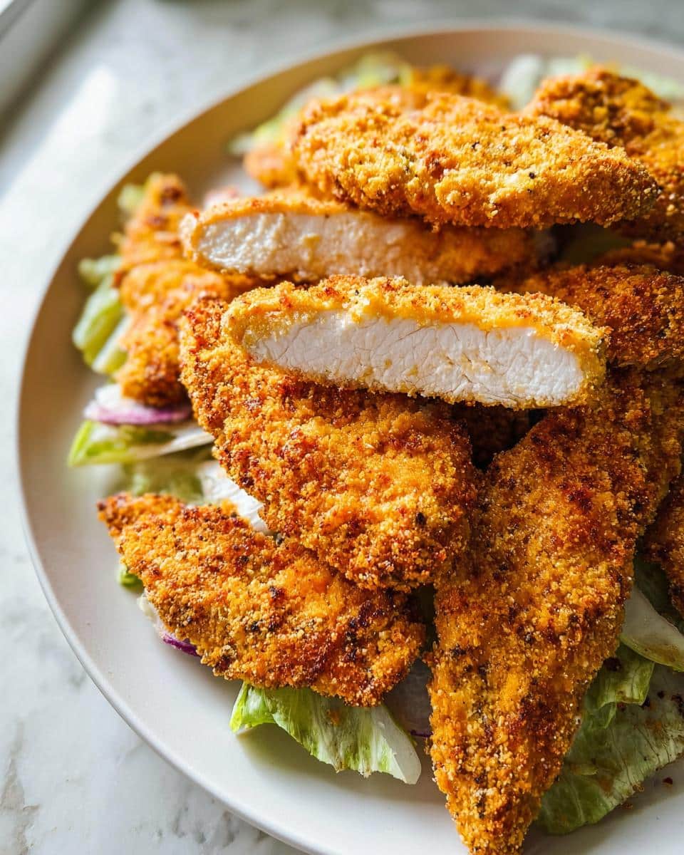 Close-up of golden Oven-Baked Cheesy Chicken Tenders, one piece cut to show juicy white interior.