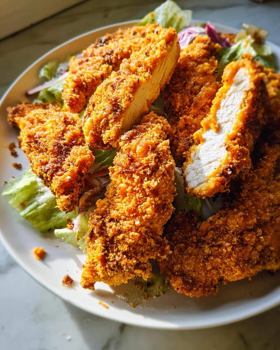 Close-up of crispy Oven-Baked Cheesy Chicken Tenders sliced open, served over a bed of lettuce.