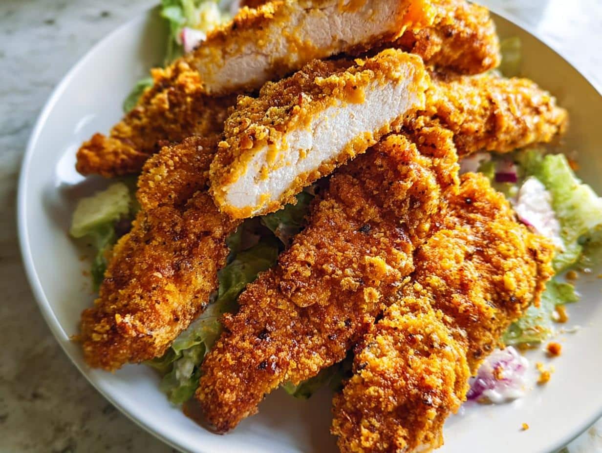 Close-up of crispy Oven-Baked Cheesy Chicken Tenders, one piece sliced open showing white meat.