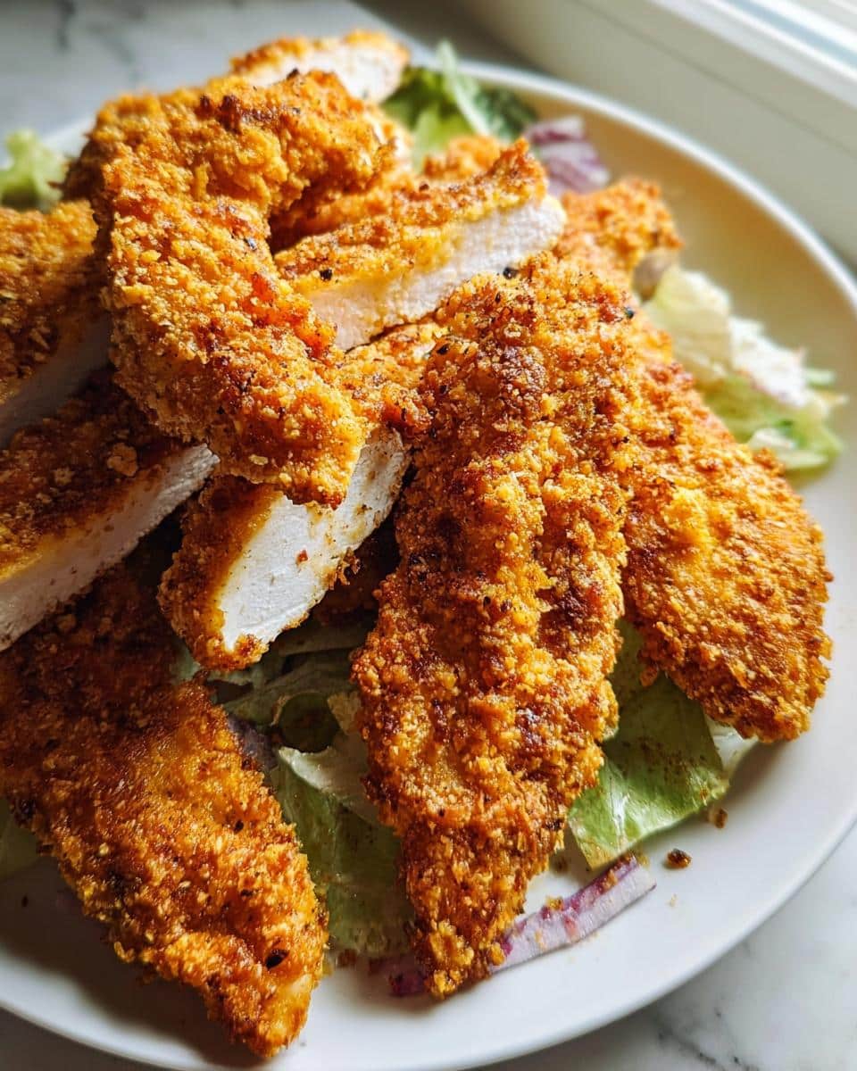 Close-up of golden, crispy Oven-Baked Cheesy Chicken Tenders served over a bed of lettuce and red onion.