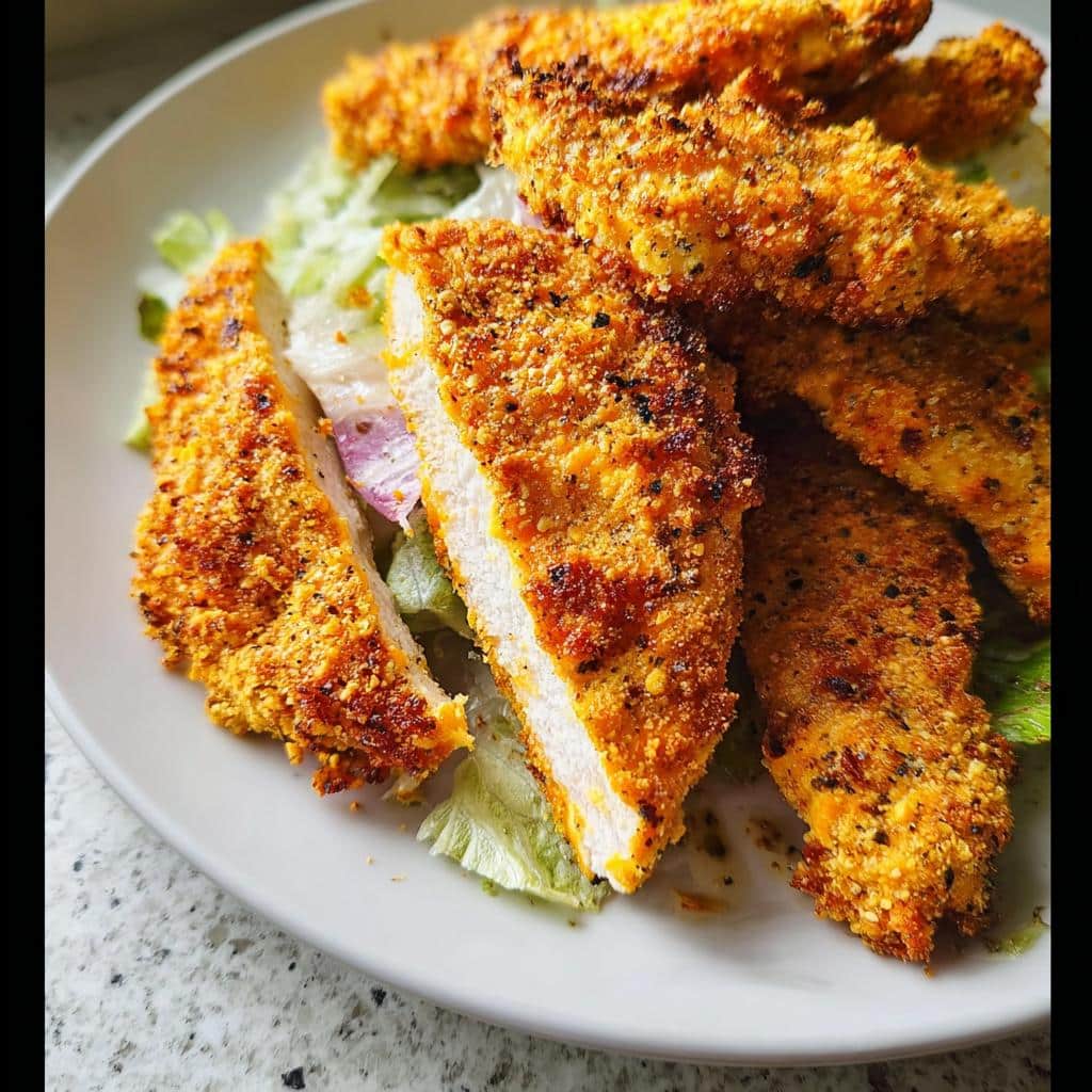 Close-up of golden, crispy Oven-Baked Cheesy Chicken Tenders served over a bed of lettuce.