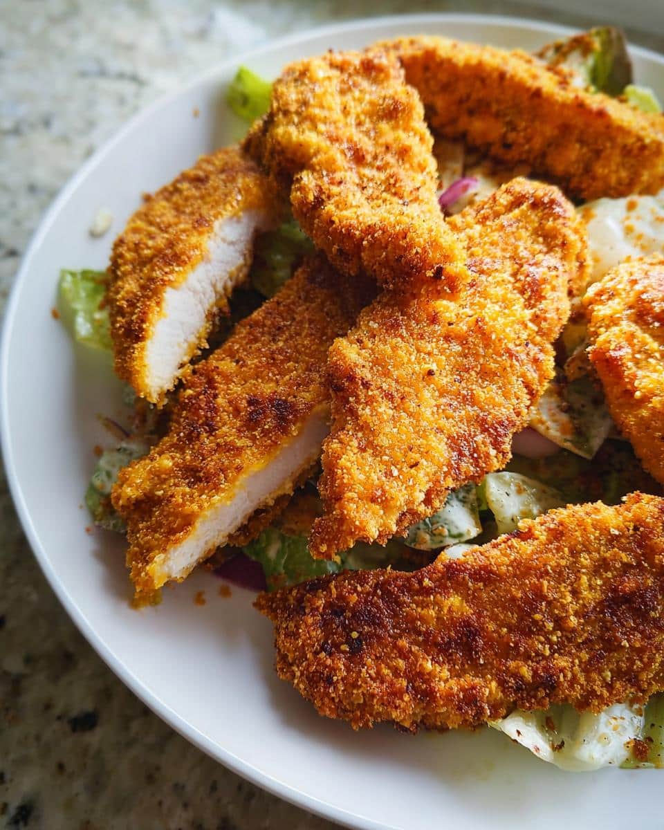 Close-up of golden, crispy Oven-Baked Cheesy Chicken Tenders served over a bed of lettuce.