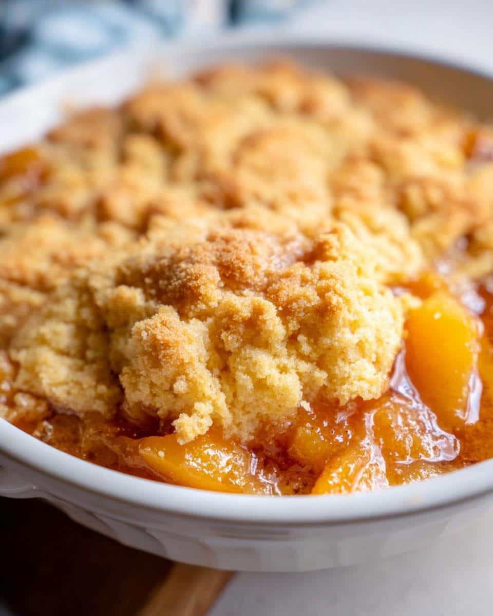 Close-up of bubbling peaches under a golden, crumbly topping for Peach Cobbler with Cake Mix.