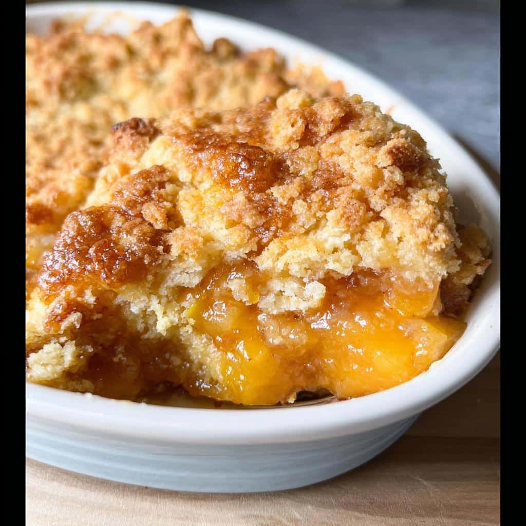 A close-up shot showing the gooey peach filling and crumbly topping of the Peach Cobbler with Cake Mix.