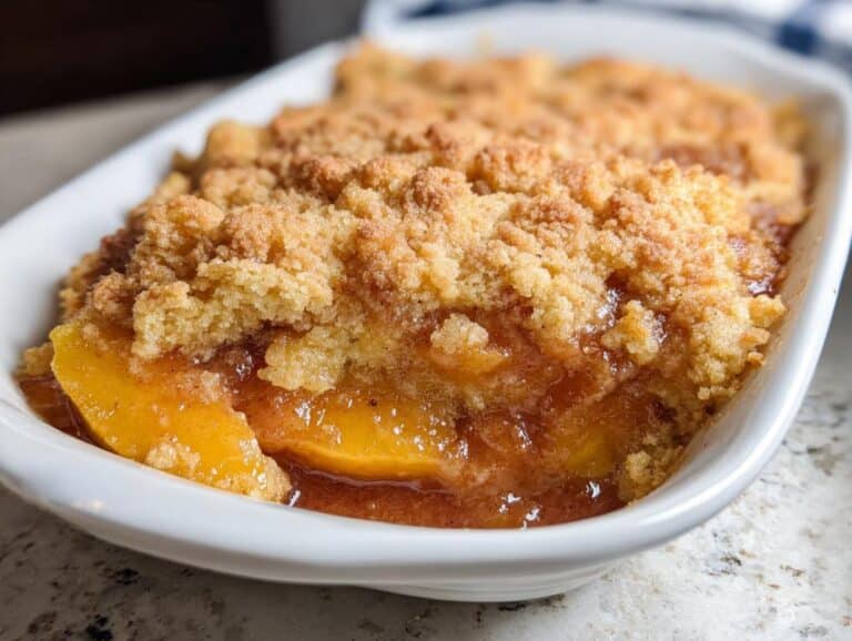Close-up of a warm, bubbling Peach Cobbler with Cake Mix featuring golden, crumbly topping over sweet, syrupy peaches in a white baking dish.