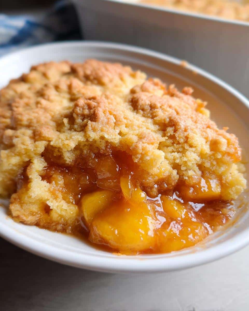 Close-up of a scoop of warm Peach Cobbler with Cake Mix showing gooey peaches and crumbly topping in a white bowl.
