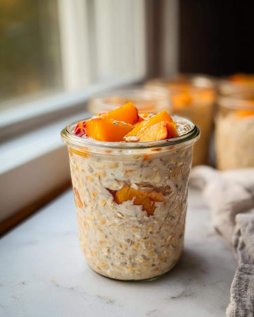 Close-up of a glass jar filled with creamy Peach Overnight Oats, topped with bright orange peach slices.
