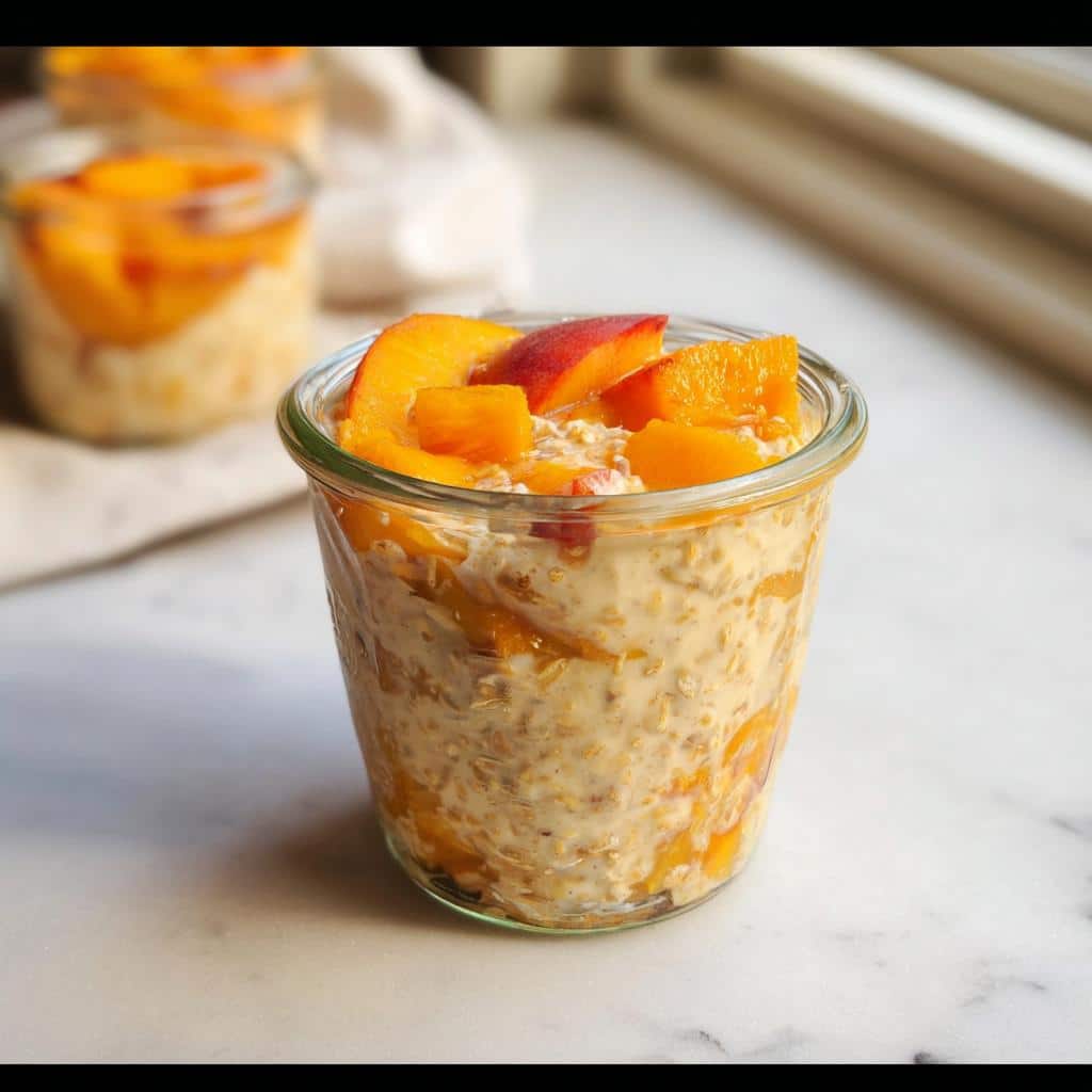 A serving of creamy Peach Overnight Oats topped with fresh peach slices in a clear glass jar.