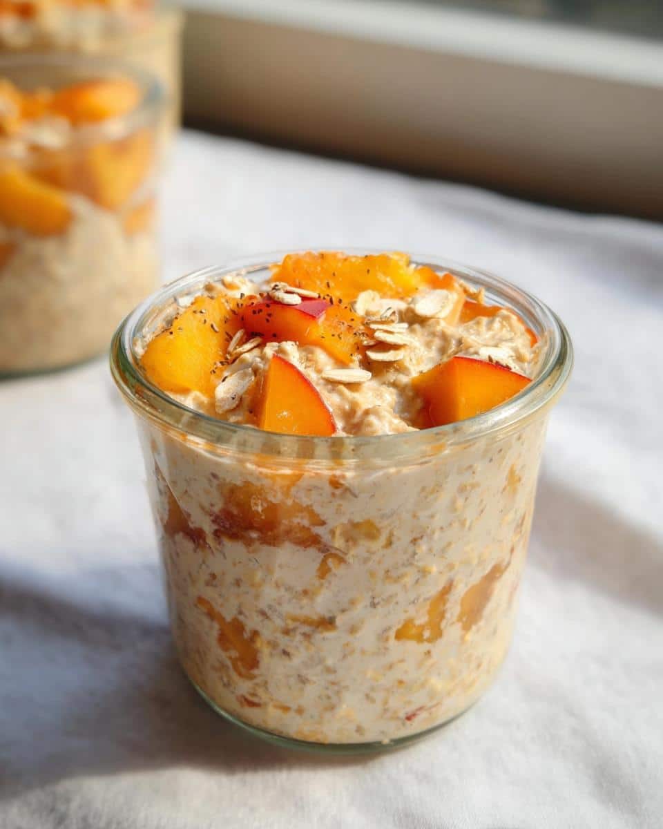 Close-up of creamy Peach Overnight Oats topped with fresh peach slices, oats, and chia seeds in a glass jar.