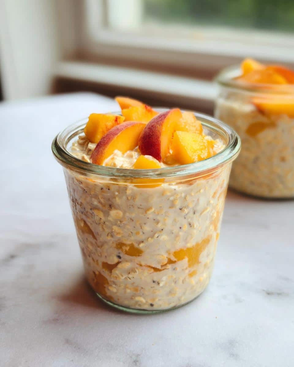 A glass jar filled with creamy Peach Overnight Oats, topped with fresh peach slices.