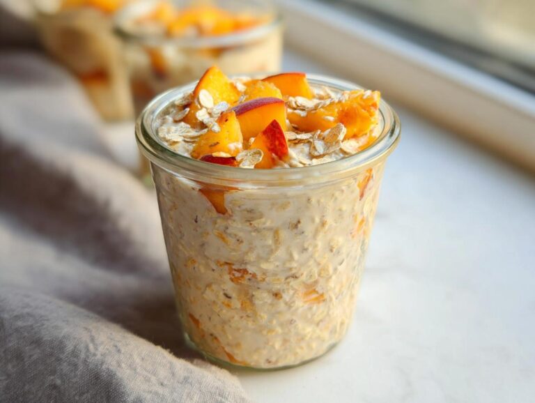 A glass jar filled with creamy Peach Overnight Oats, topped with fresh peach chunks and rolled oats.