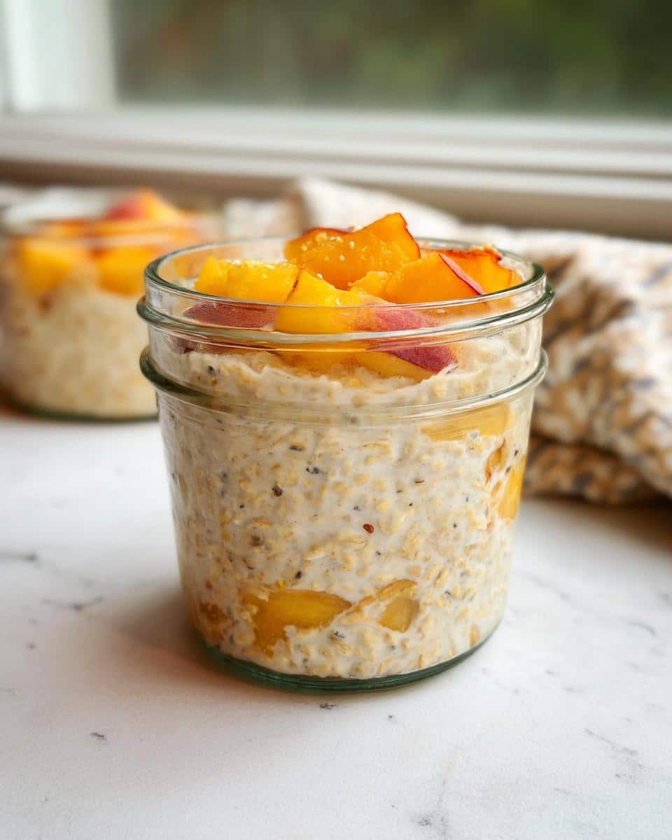 A glass jar filled with creamy Peach Overnight Oats, topped with fresh diced peaches.