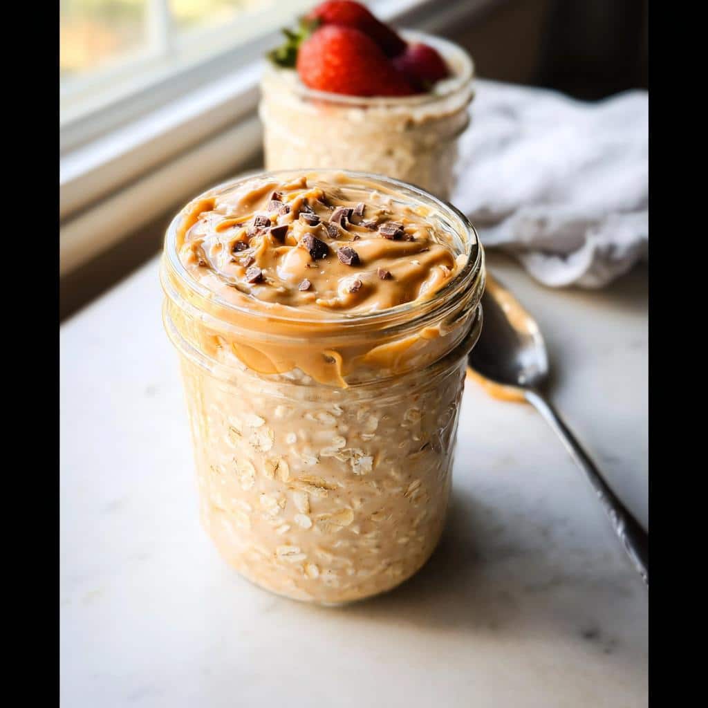 Close-up of Peanut Butter Protein Overnight Oats topped with creamy peanut butter and chocolate chips in a mason jar.