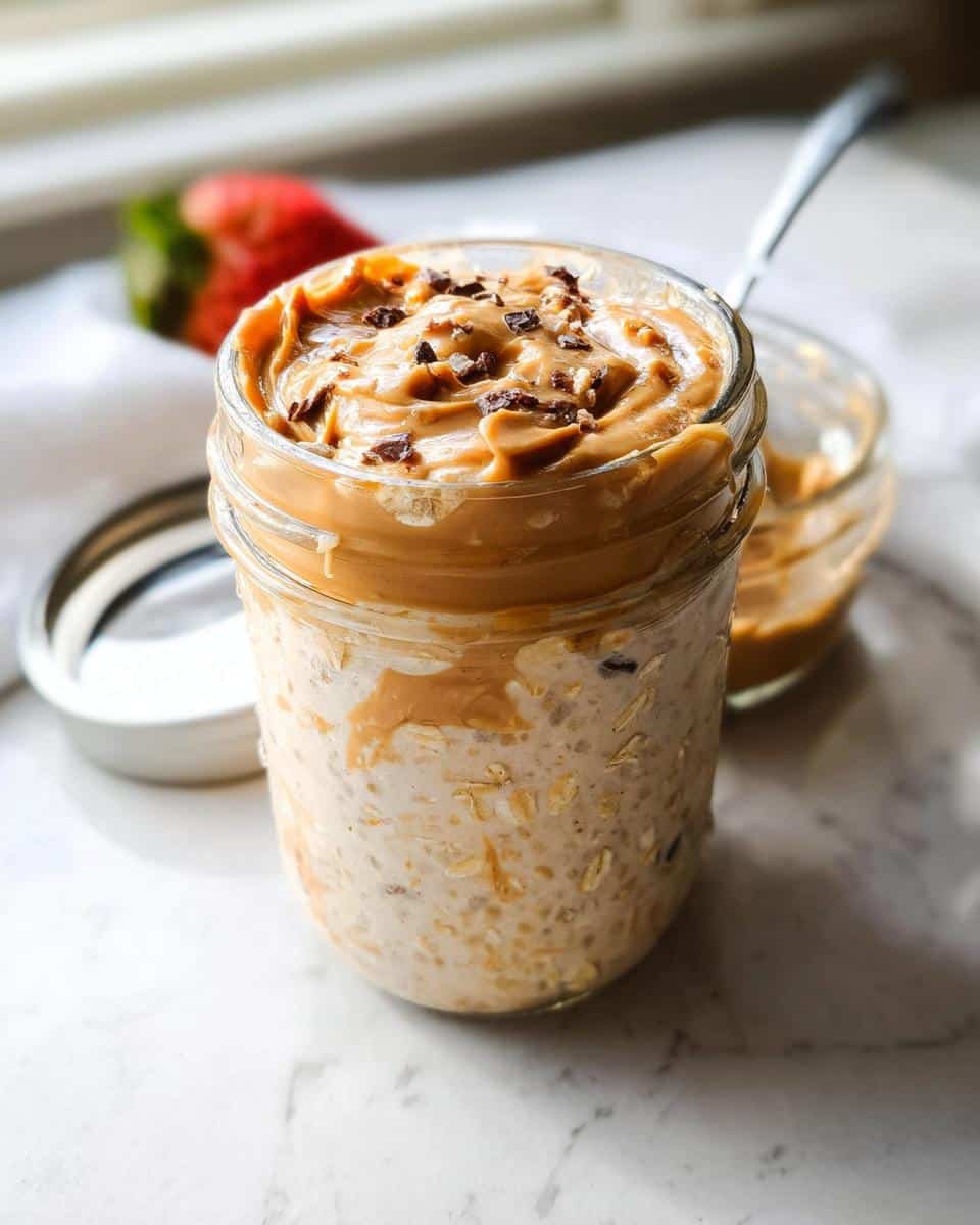 Close-up of Peanut Butter Protein Overnight Oats topped with creamy peanut butter and cacao nibs in a mason jar.