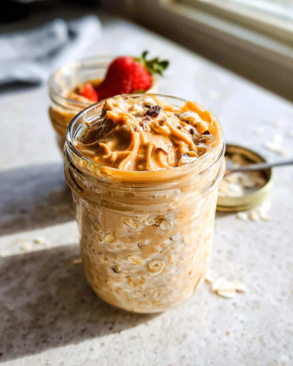 Close-up of Peanut Butter Protein Overnight Oats topped with swirled peanut butter in a glass jar.