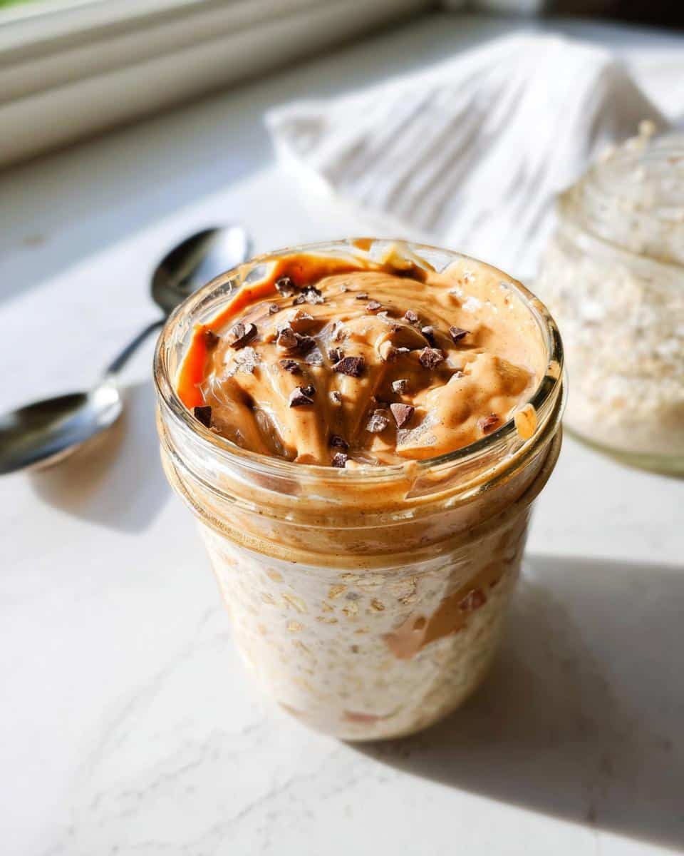 Close-up of Peanut Butter Protein Overnight Oats topped with creamy peanut butter and cacao nibs in a glass jar.